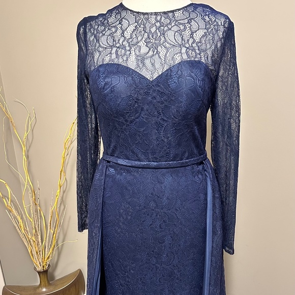 Mac Duggal Lace Illusion Long Sleeve Gown with Overlay Skirt - Picture 3 of 6